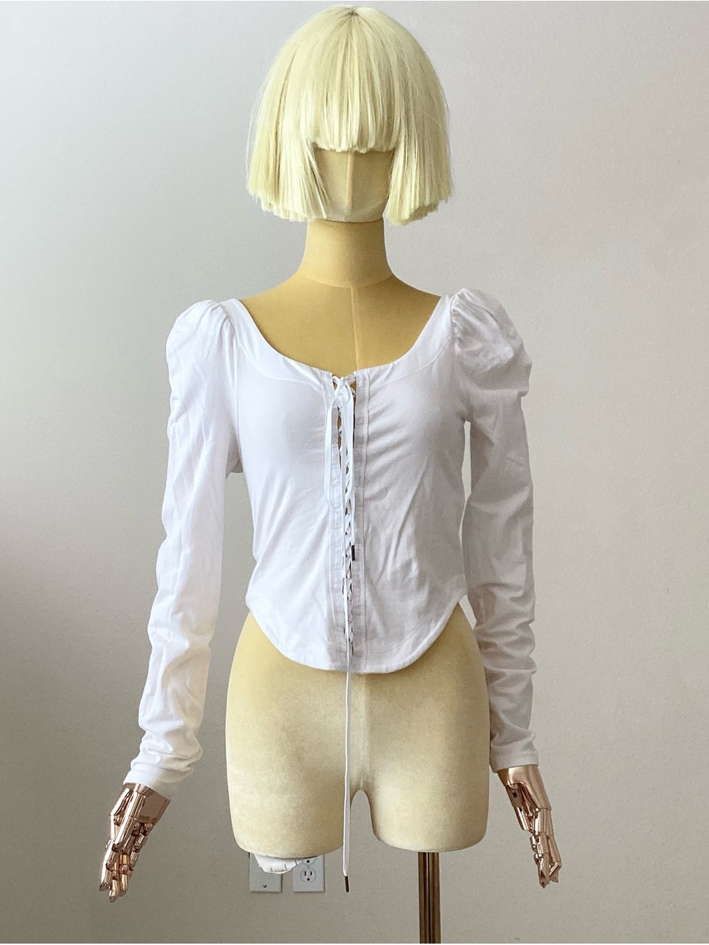 Free People White Lace-Up Puff Sleeve Button Down Top